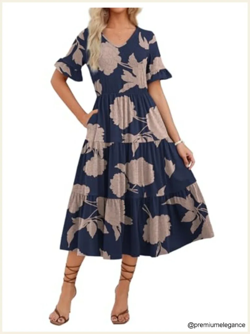 Midi Tiered Casual Dress V Neck Ruffle Short Sleeve Flowy Beach Dress with